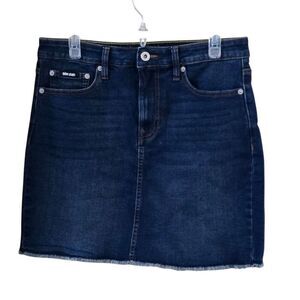 DKNY Jeans Womens Denim Skirt Size 10 Indigo Blue Frayed Hem boho cottagecore
